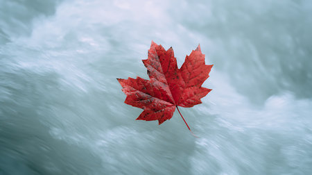 Red maple leaf on the background of flowing water. 3d illustrationの素材