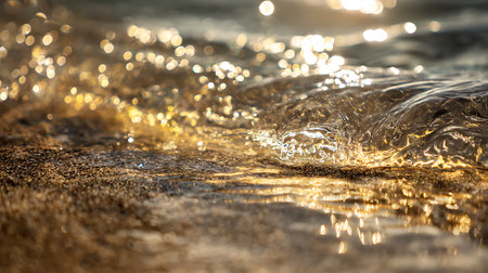 Close-up of sea water splashes on sandy beach at sunsetの素材