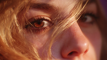 Close up of a beautiful young woman's face with long red hairの素材