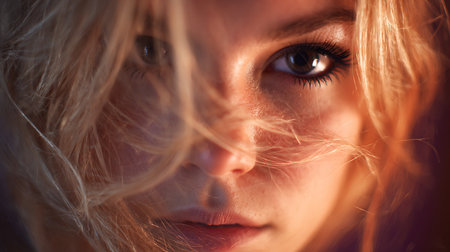 Close up portrait of a beautiful young woman with long blond hair.の素材
