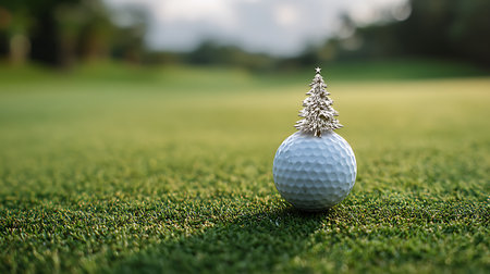 Golf ball with christmas tree on green grass in golf courseの素材