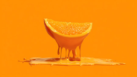 Orange juice splash isolated on orange background. Orange juice drop on orange background.の素材