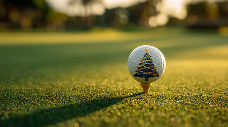 Golf ball with Christmas tree on green grass ready to play.の素材