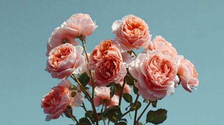 Beautiful pink roses on blue sky background. Shallow depth of fieldの素材