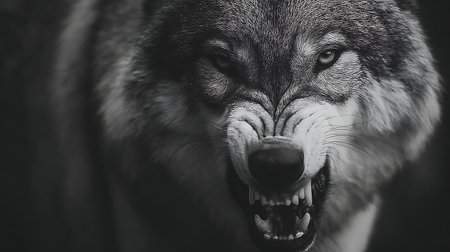 Portrait of a wolf howling in black and white tone.の素材