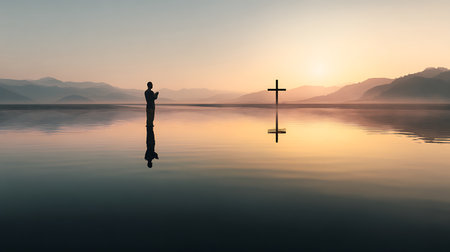 Silhouette of Jesus Christ on the lake with cross in the backgroundの素材