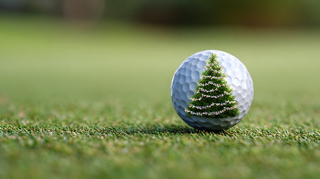Golf ball and Christmas tree on green grass with bokeh backgroundの素材