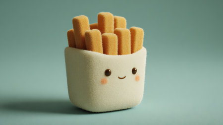 French fries in a white box on a blue background with copy spaceの素材