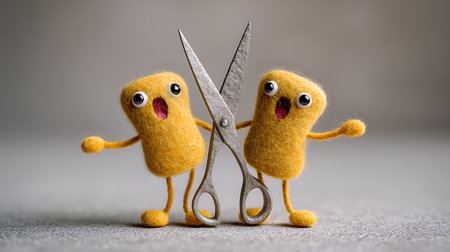 Scissors made of felt. Conceptual photo of a happy family.の素材