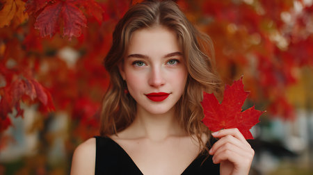 Portrait of a beautiful girl with a red maple leaf in her hands.の素材