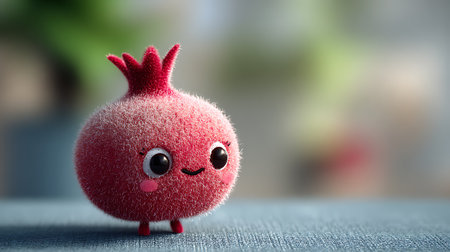 Funny red pomegranate on a blue tablecloth.の素材