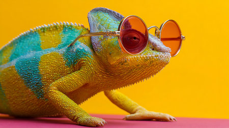 Chameleon in sunglasses on a colorful background. Close-up.の素材