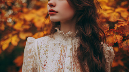 Portrait of a beautiful young woman in the autumn park. Beauty, fashion.の素材