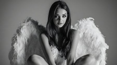 Beautiful young woman with angel wings. Black and white photos.の素材