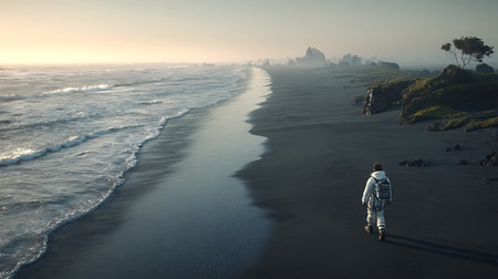 Astronaut walking on the beach at sunrise. 3d renderingの素材