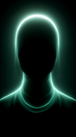 Digital illustration of a human head in neon light in black backgroundの素材