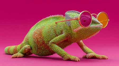 Funny chameleon wearing sunglasses on pink background. Animal theme.の素材
