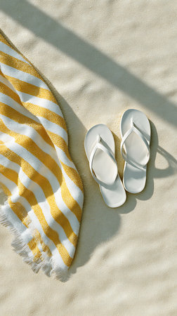 White flip flops and a yellow striped towel on the beach.の素材