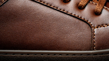 Brown leather shoes with stitch close up. Shallow depth of field. Toned.の素材
