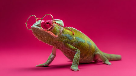 Cute chameleon wearing heart shaped sunglasses on pink background.の素材