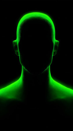 3d rendered illustration of a human head in green light on black backgroundの素材