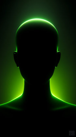 Silhouette of a man with green neon light on his headの素材