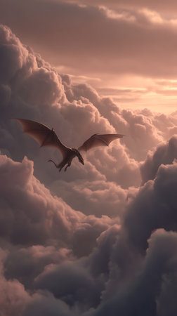 Pterosaur flying in the clouds at sunset. Toned.の素材