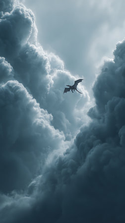 Black and white image of a dragon flying in the dark cloudy skyの素材