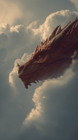 3D rendering of a fantasy dragon against a cloudy sky background.の素材