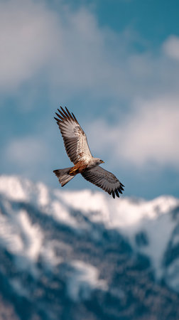 red kite in flight against the background of snow-capped mountainsの素材