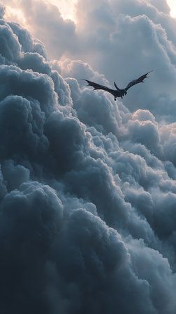 Fantasy landscape with a bird in the clouds. 3d renderの素材