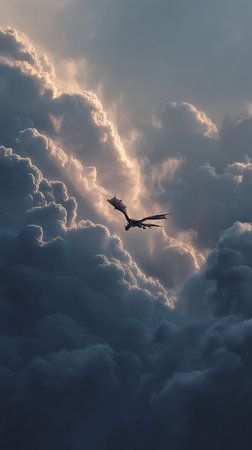 Silhouette of a flying bird in the sky with clouds.の素材
