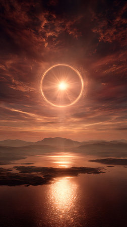 Sunrise over the sea with reflection in water, 3d renderの素材