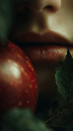 Close-up of a woman's lips with red apple and leavesの素材