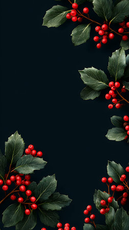 Creative layout made of red holly berries on dark background. Flat lay, top view, copy spaceの素材