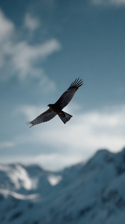Bird of prey in flight against the background of snow-capped mountainsの素材