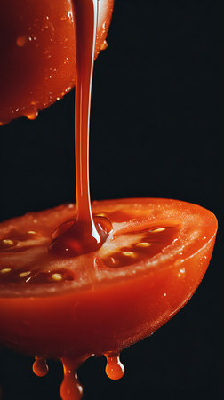 Pouring tomato juice, isolated on black background. Close up.の素材