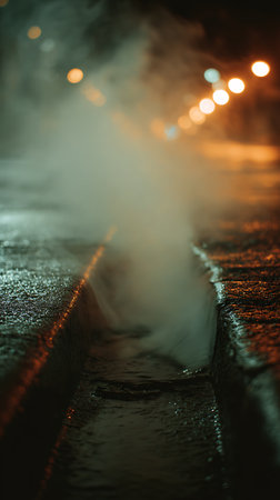 Fountain in the city at night with fog and bokehの素材