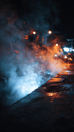 Paved road in the city at night with lights and smoke.の素材