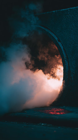 Smoke coming out of a chimney on a dark background.の素材