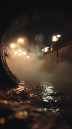 A stream of water flows through a tunnel at night in the cityの素材