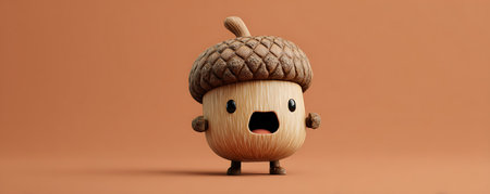3d rendering of an acorn character on a brown background.の素材