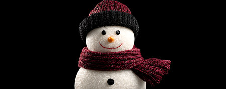 Snowman wearing a red scarf and hat on a black background.の素材
