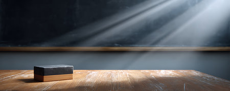 Empty wooden table in front of a blackboard with spotlights.の素材