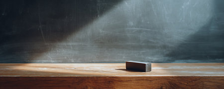 Empty wooden table in front of a blackboard with a spotlight.の素材