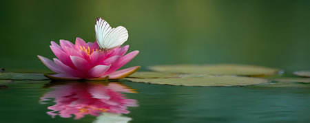 Butterfly on a pink water lily with reflection in the waterの素材