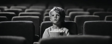 Cute little boy watching movie in cinema. Black and white.の素材