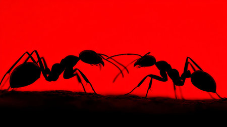 Silhouette of ant on a red background. 3d renderingの素材