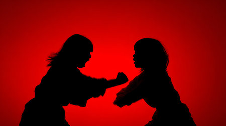 Silhouette of a mother and daughter on a red background.の素材