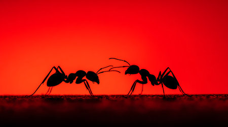Silhouette of ants on a red background. Conceptual imageの素材